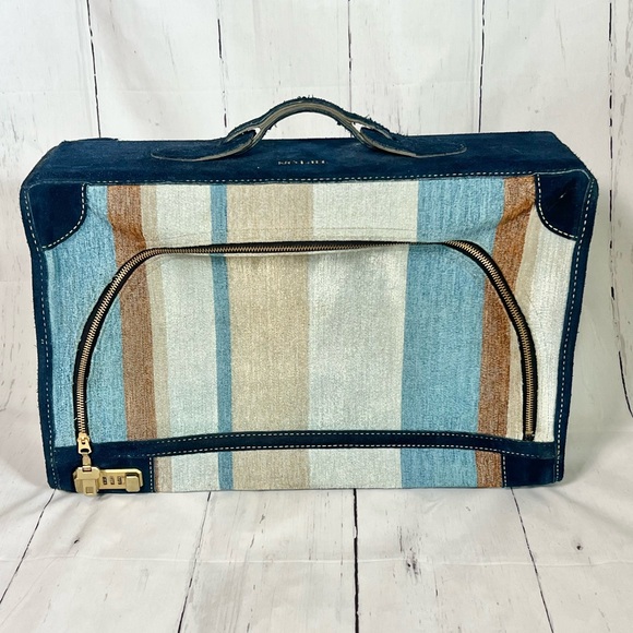 Vintage French Blue suede and striped fabric luggage suitcase